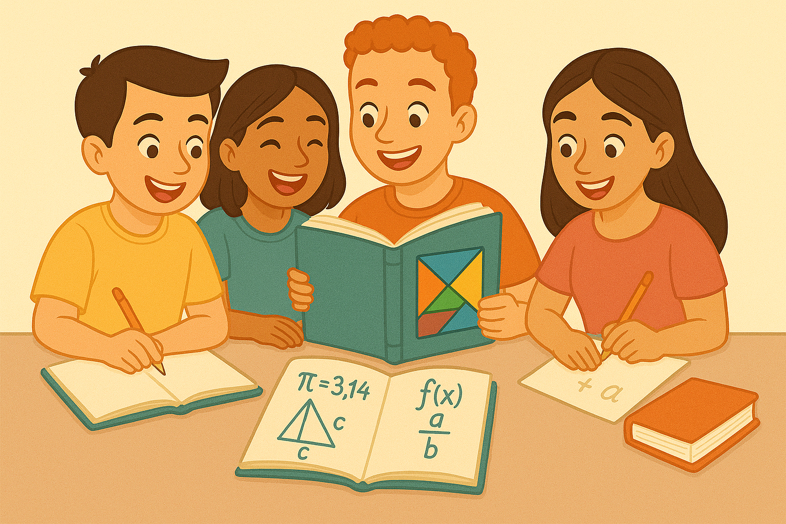 Alunos felizes estudando matemática
